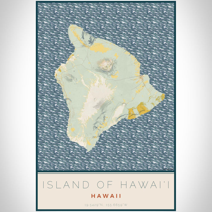 Island of Hawai'i Hawaii Map Print Portrait Orientation in Woodblock Style With Shaded Background