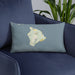 Custom Island of Hawai'i Hawaii Map Throw Pillow in Woodblock on Blue Colored Chair