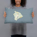 Person holding 20x12 Custom Island of Hawai'i Hawaii Map Throw Pillow in Woodblock