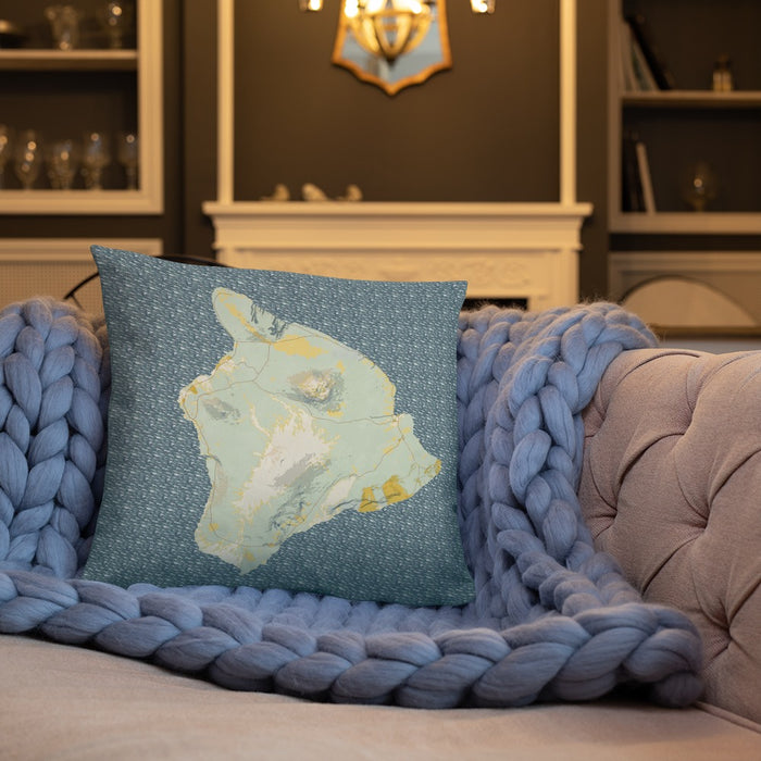 Custom Island of Hawai'i Hawaii Map Throw Pillow in Woodblock on Cream Colored Couch