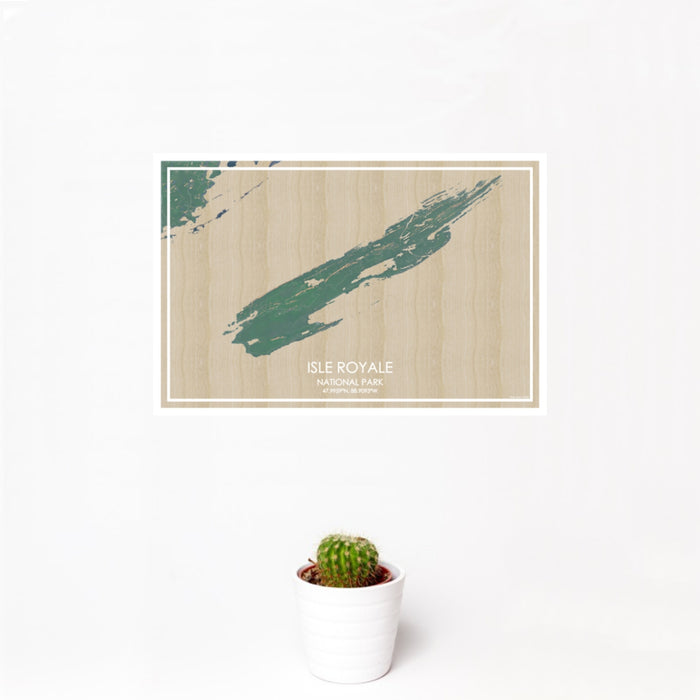 12x18 Isle Royale National Park Map Print Landscape Orientation in Afternoon Style With Small Cactus Plant in White Planter