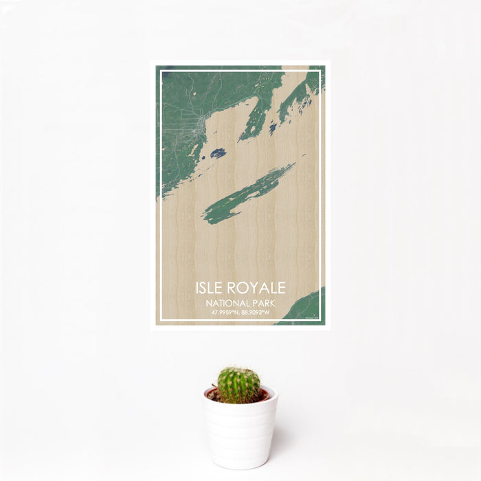 12x18 Isle Royale National Park Map Print Portrait Orientation in Afternoon Style With Small Cactus Plant in White Planter