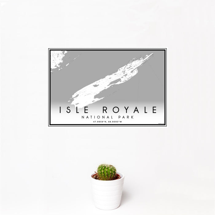 12x18 Isle Royale National Park Map Print Landscape Orientation in Classic Style With Small Cactus Plant in White Planter