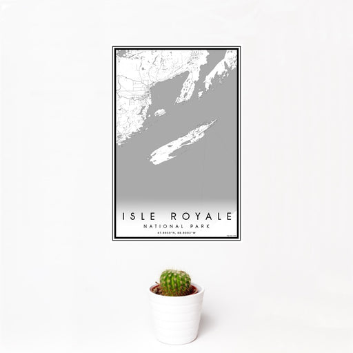 12x18 Isle Royale National Park Map Print Portrait Orientation in Classic Style With Small Cactus Plant in White Planter