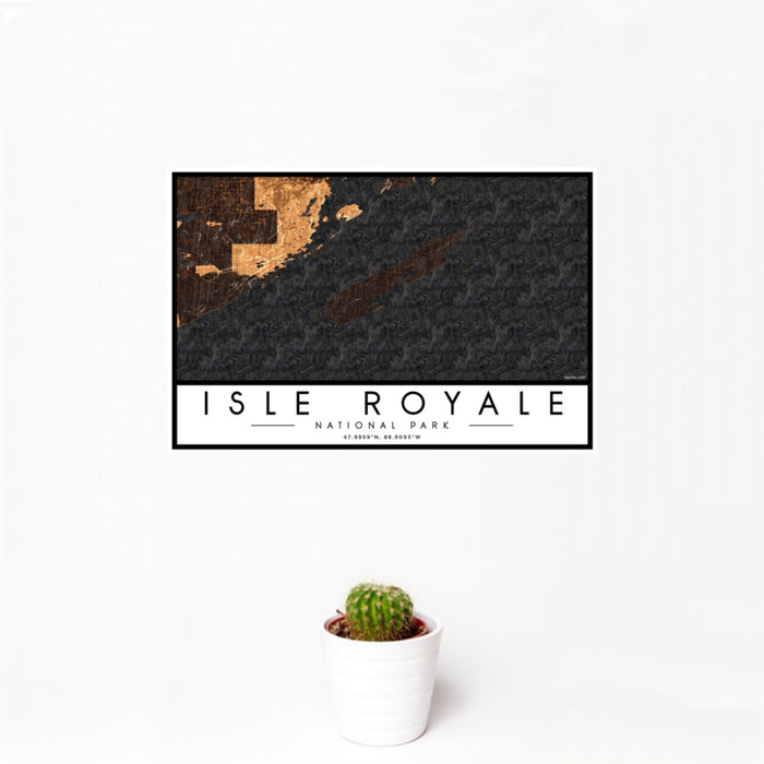 12x18 Isle Royale National Park Map Print Landscape Orientation in Ember Style With Small Cactus Plant in White Planter
