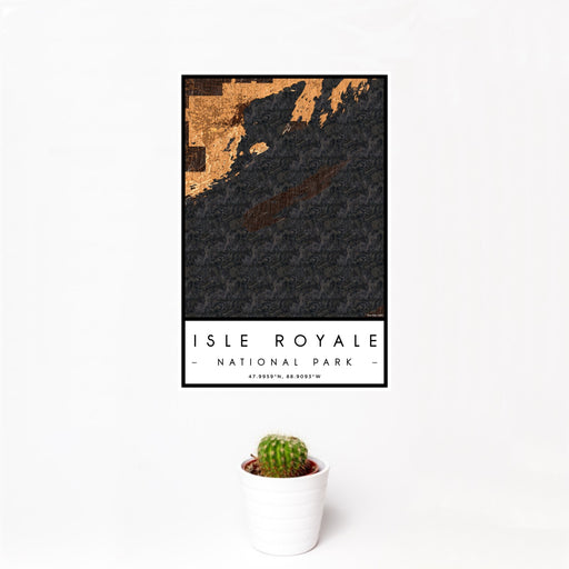 12x18 Isle Royale National Park Map Print Portrait Orientation in Ember Style With Small Cactus Plant in White Planter