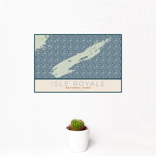 12x18 Isle Royale National Park Map Print Landscape Orientation in Woodblock Style With Small Cactus Plant in White Planter