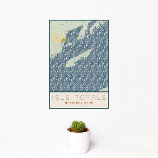 12x18 Isle Royale National Park Map Print Portrait Orientation in Woodblock Style With Small Cactus Plant in White Planter