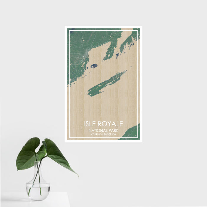 16x24 Isle Royale National Park Map Print Portrait Orientation in Afternoon Style With Tropical Plant Leaves in Water