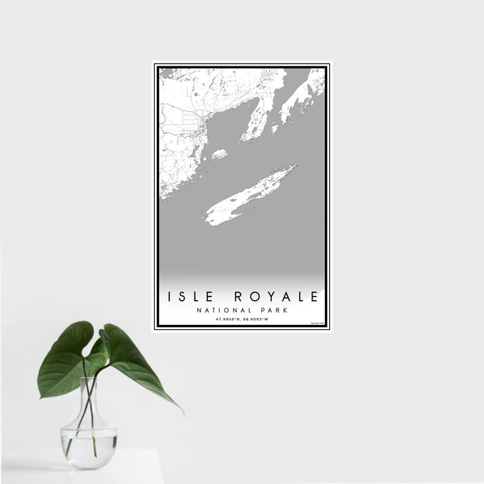 16x24 Isle Royale National Park Map Print Portrait Orientation in Classic Style With Tropical Plant Leaves in Water
