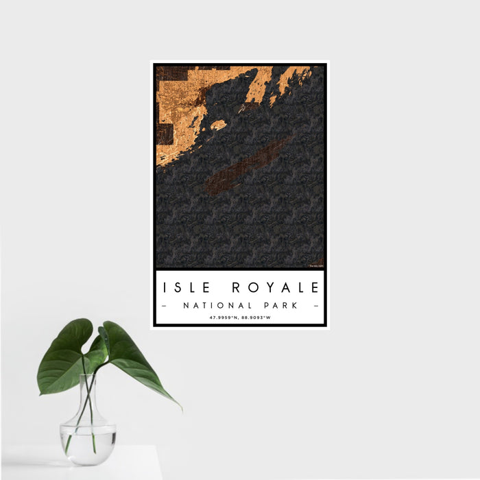 16x24 Isle Royale National Park Map Print Portrait Orientation in Ember Style With Tropical Plant Leaves in Water
