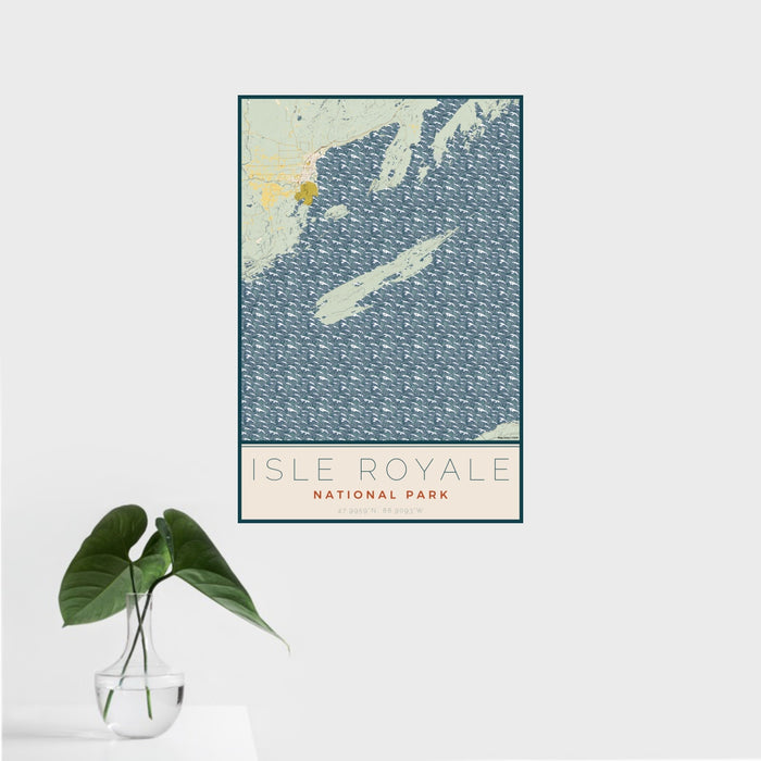 16x24 Isle Royale National Park Map Print Portrait Orientation in Woodblock Style With Tropical Plant Leaves in Water