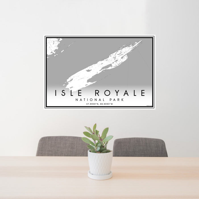 24x36 Isle Royale National Park Map Print Lanscape Orientation in Classic Style Behind 2 Chairs Table and Potted Plant