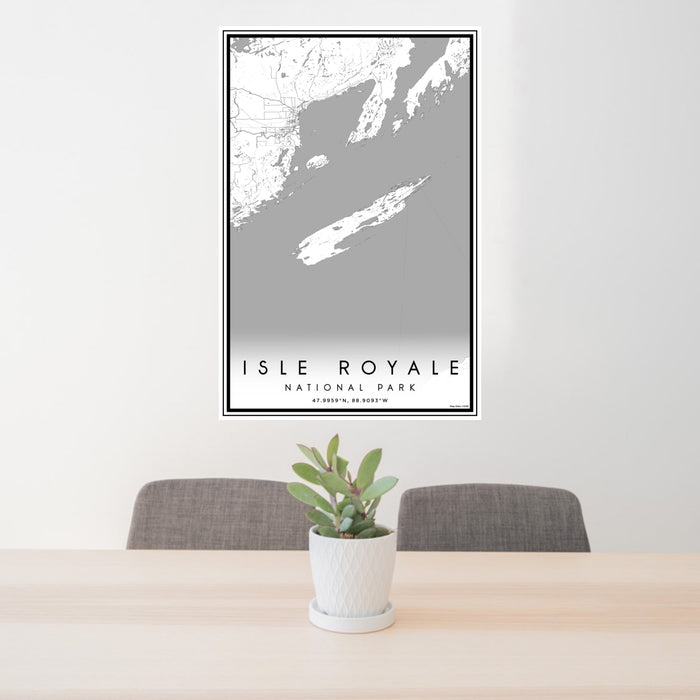 24x36 Isle Royale National Park Map Print Portrait Orientation in Classic Style Behind 2 Chairs Table and Potted Plant