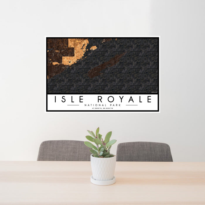 24x36 Isle Royale National Park Map Print Lanscape Orientation in Ember Style Behind 2 Chairs Table and Potted Plant