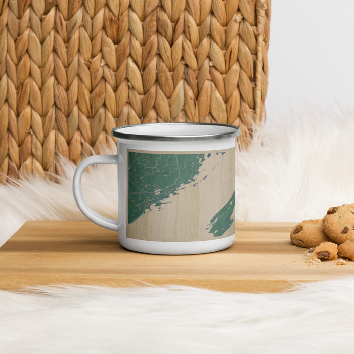 Left View Custom Isle Royale National Park Map Enamel Mug in Afternoon on Table Top