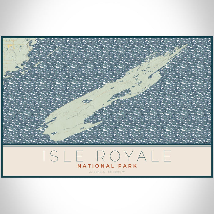 Isle Royale National Park Map Print Landscape Orientation in Woodblock Style With Shaded Background