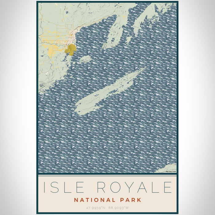 Isle Royale National Park Map Print Portrait Orientation in Woodblock Style With Shaded Background