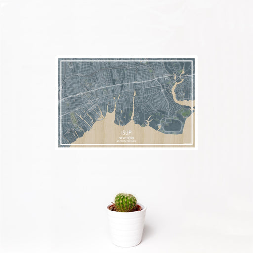 12x18 Islip New York Map Print Landscape Orientation in Afternoon Style With Small Cactus Plant in White Planter