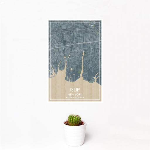 12x18 Islip New York Map Print Portrait Orientation in Afternoon Style With Small Cactus Plant in White Planter
