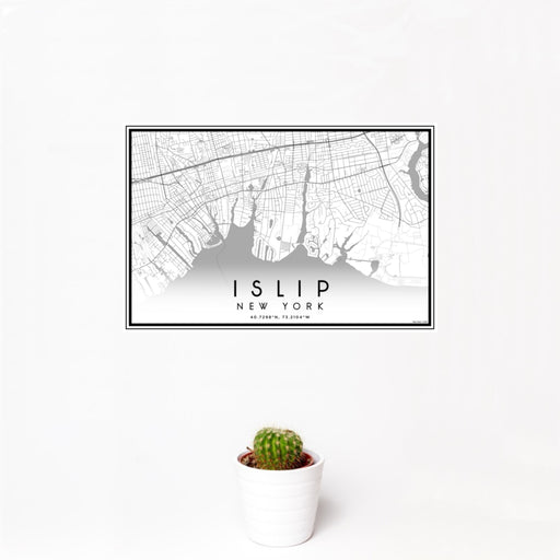 12x18 Islip New York Map Print Landscape Orientation in Classic Style With Small Cactus Plant in White Planter