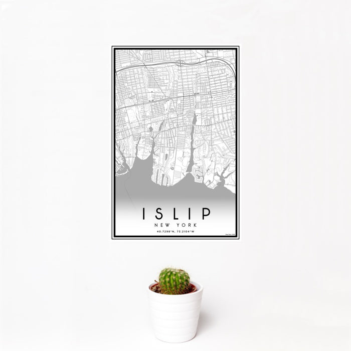 12x18 Islip New York Map Print Portrait Orientation in Classic Style With Small Cactus Plant in White Planter