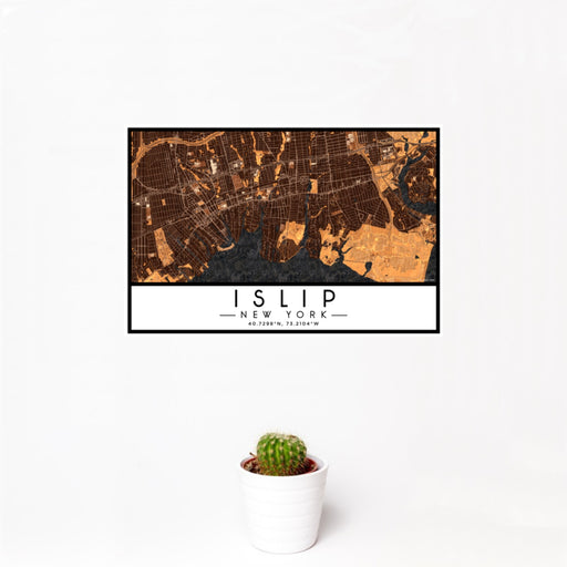 12x18 Islip New York Map Print Landscape Orientation in Ember Style With Small Cactus Plant in White Planter