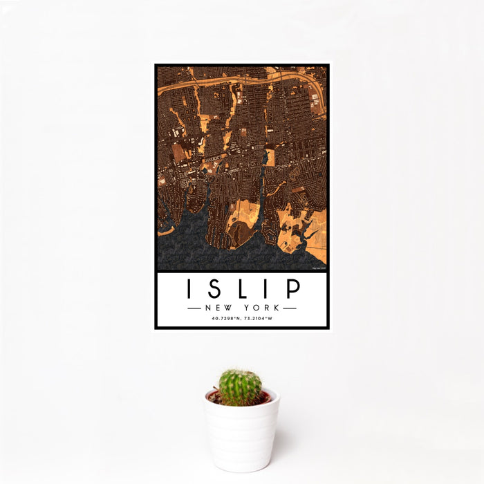 12x18 Islip New York Map Print Portrait Orientation in Ember Style With Small Cactus Plant in White Planter