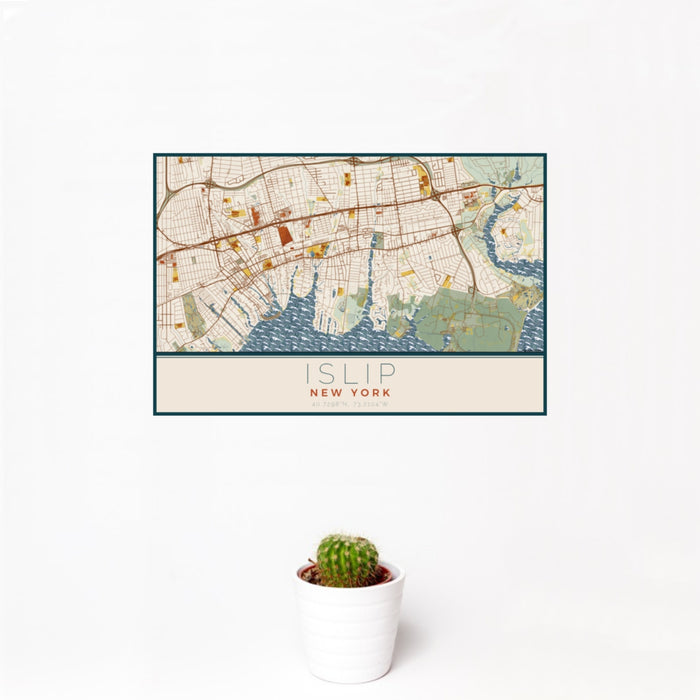 12x18 Islip New York Map Print Landscape Orientation in Woodblock Style With Small Cactus Plant in White Planter