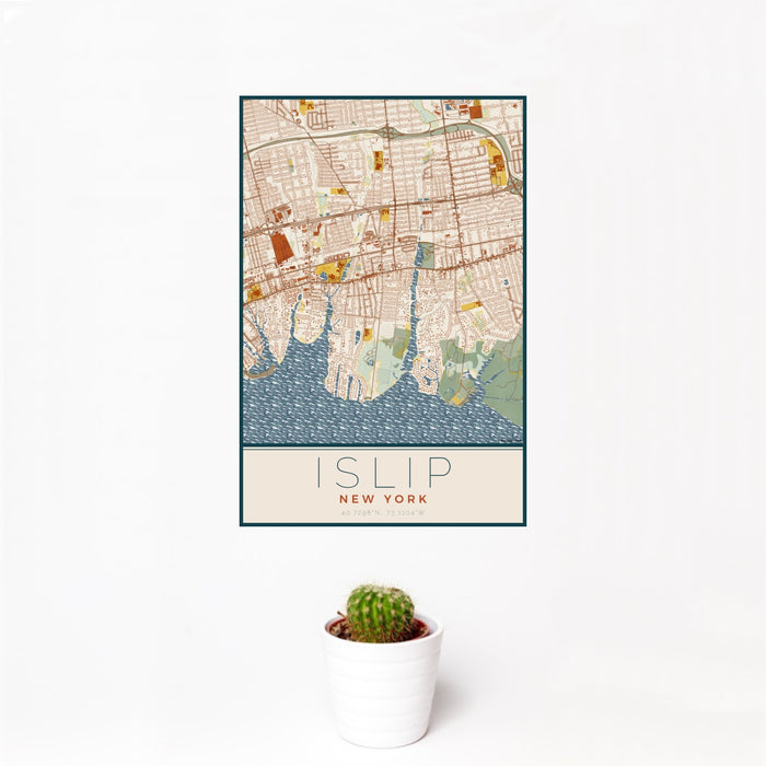 12x18 Islip New York Map Print Portrait Orientation in Woodblock Style With Small Cactus Plant in White Planter