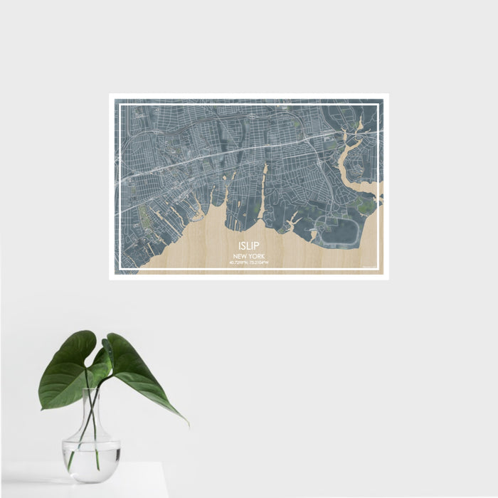 16x24 Islip New York Map Print Landscape Orientation in Afternoon Style With Tropical Plant Leaves in Water