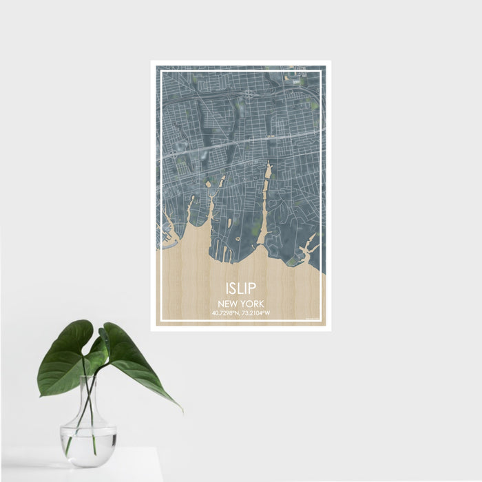 16x24 Islip New York Map Print Portrait Orientation in Afternoon Style With Tropical Plant Leaves in Water