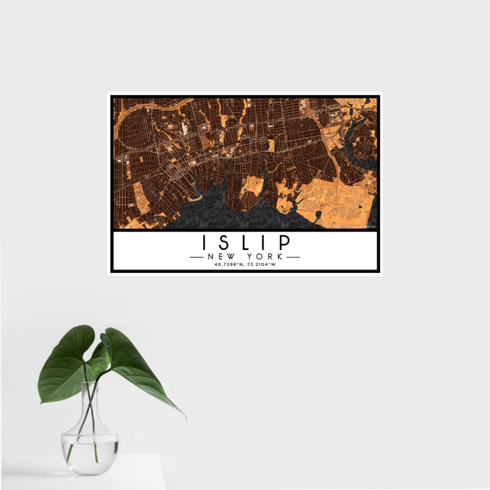 16x24 Islip New York Map Print Landscape Orientation in Ember Style With Tropical Plant Leaves in Water