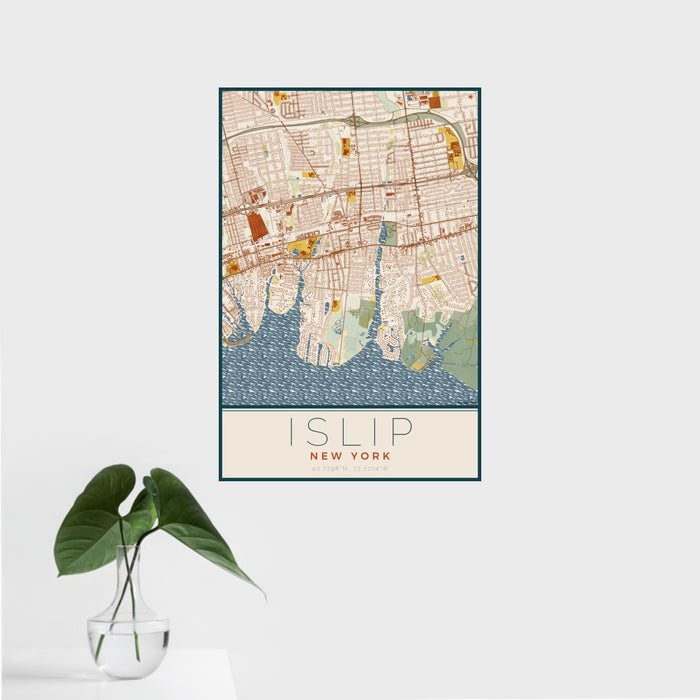 16x24 Islip New York Map Print Portrait Orientation in Woodblock Style With Tropical Plant Leaves in Water