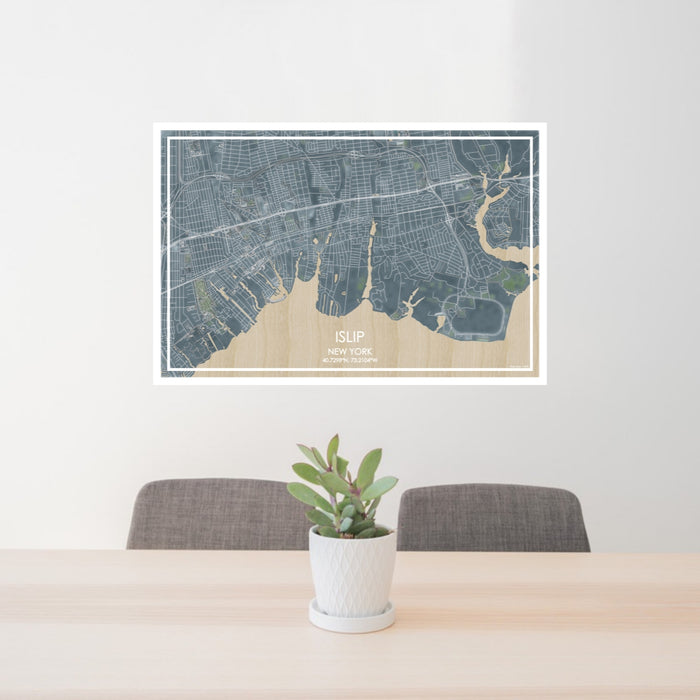 24x36 Islip New York Map Print Lanscape Orientation in Afternoon Style Behind 2 Chairs Table and Potted Plant