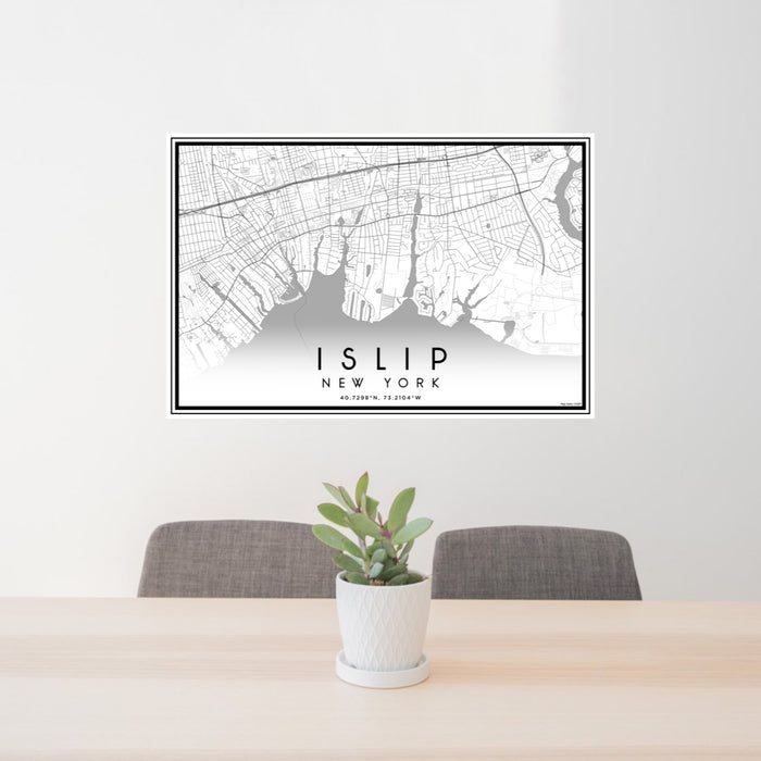 24x36 Islip New York Map Print Lanscape Orientation in Classic Style Behind 2 Chairs Table and Potted Plant