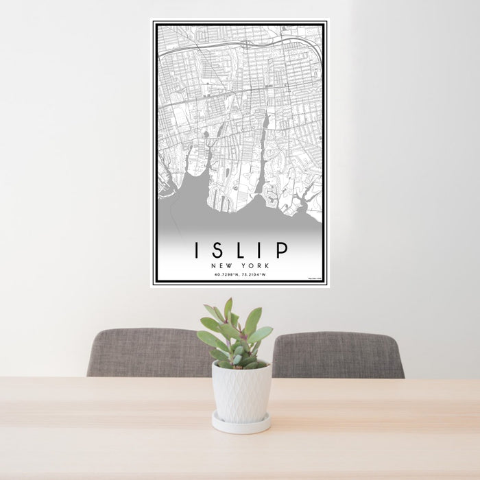 24x36 Islip New York Map Print Portrait Orientation in Classic Style Behind 2 Chairs Table and Potted Plant