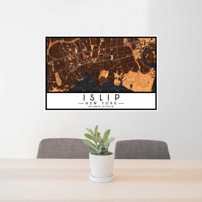 24x36 Islip New York Map Print Lanscape Orientation in Ember Style Behind 2 Chairs Table and Potted Plant