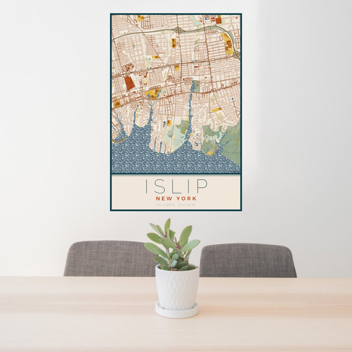 24x36 Islip New York Map Print Portrait Orientation in Woodblock Style Behind 2 Chairs Table and Potted Plant