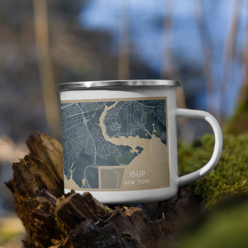 Right View Custom Islip New York Map Enamel Mug in Afternoon on Grass With Trees in Background