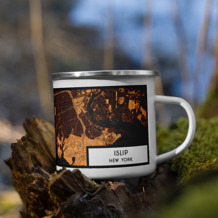 Right View Custom Islip New York Map Enamel Mug in Ember on Grass With Trees in Background