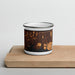 Front View Custom Islip New York Map Enamel Mug in Ember on Cutting Board