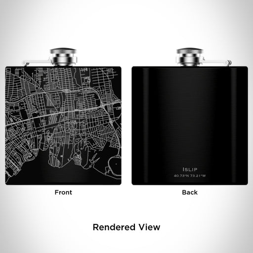 Rendered View of Islip New York Map Engraving on 6oz Stainless Steel Flask in Black