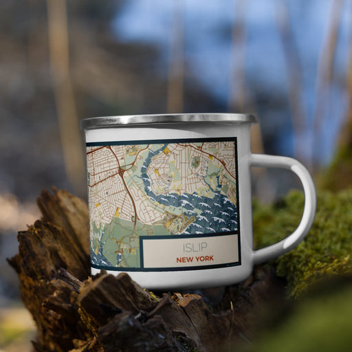 Right View Custom Islip New York Map Enamel Mug in Woodblock on Grass With Trees in Background
