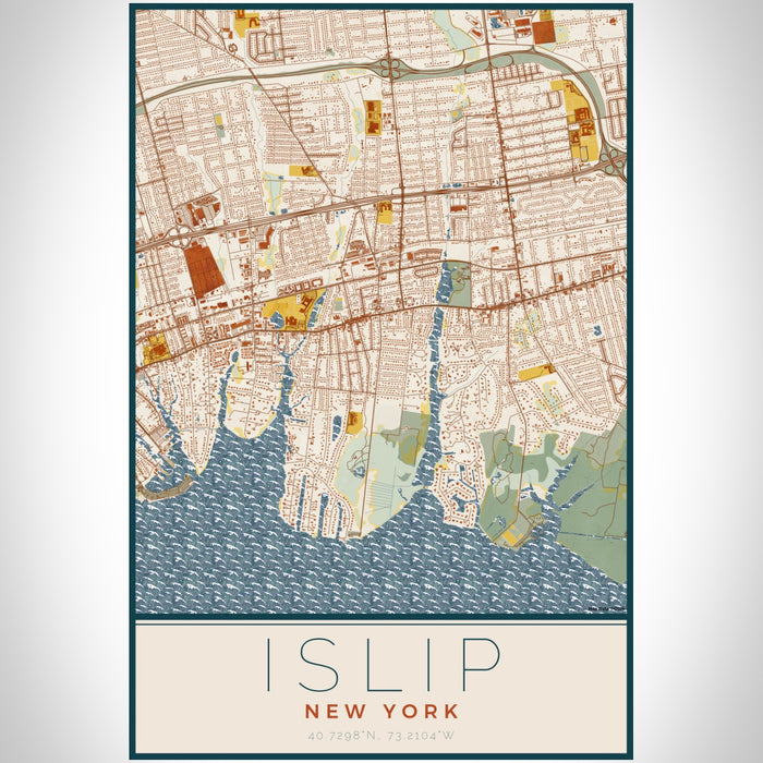 Islip New York Map Print Portrait Orientation in Woodblock Style With Shaded Background