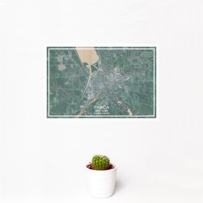 12x18 Ithaca New York Map Print Landscape Orientation in Afternoon Style With Small Cactus Plant in White Planter