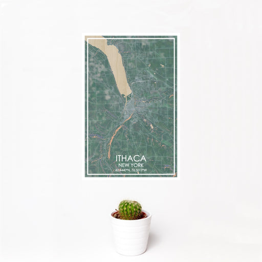 12x18 Ithaca New York Map Print Portrait Orientation in Afternoon Style With Small Cactus Plant in White Planter