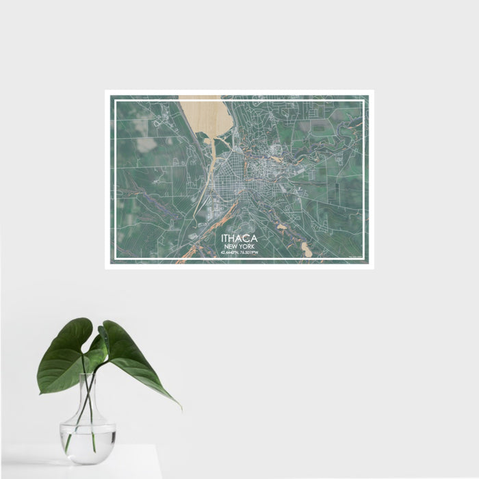 16x24 Ithaca New York Map Print Landscape Orientation in Afternoon Style With Tropical Plant Leaves in Water