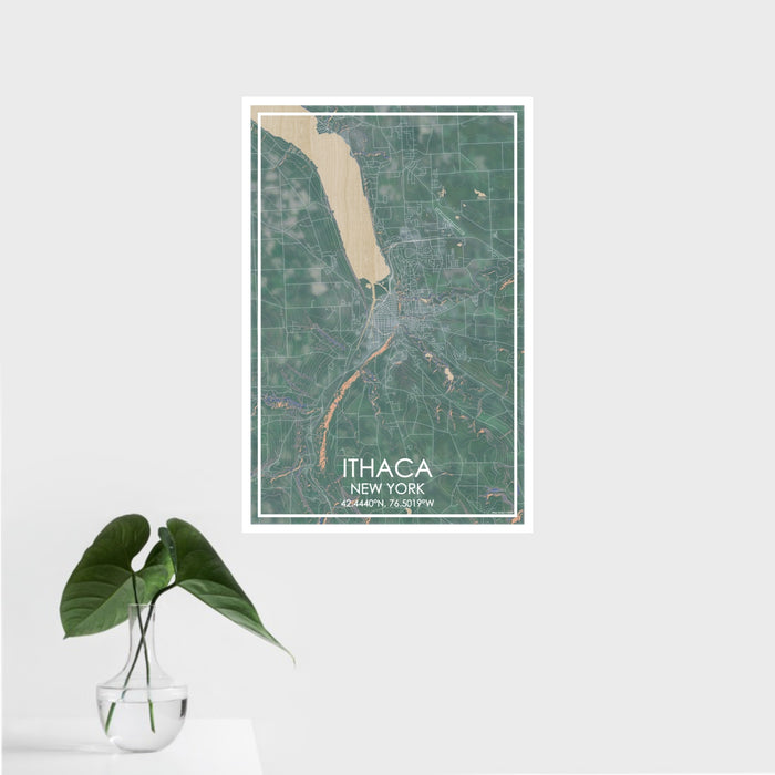 16x24 Ithaca New York Map Print Portrait Orientation in Afternoon Style With Tropical Plant Leaves in Water