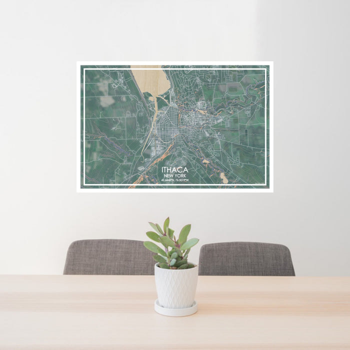 24x36 Ithaca New York Map Print Lanscape Orientation in Afternoon Style Behind 2 Chairs Table and Potted Plant